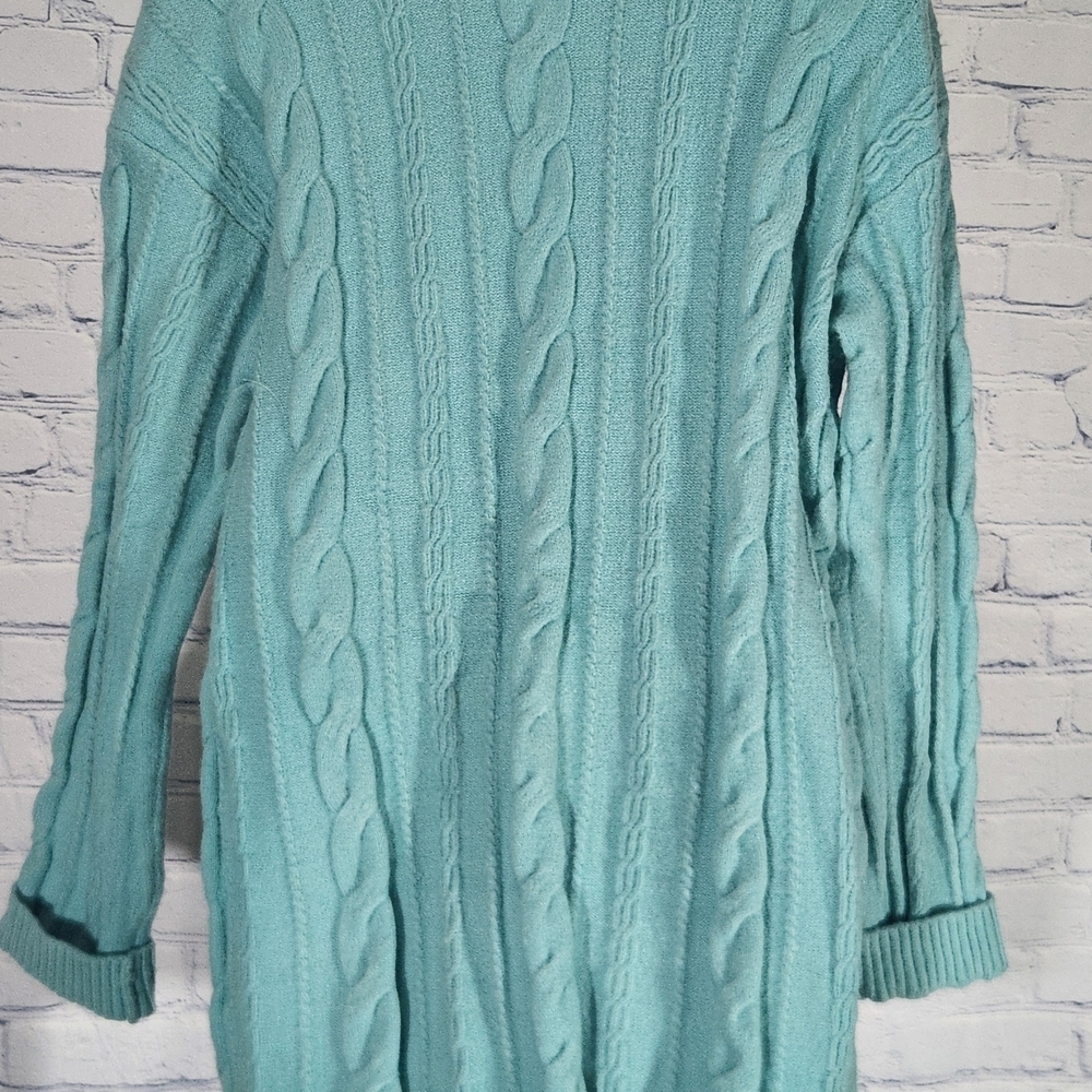 Talbots Teal Cable Knit Luxury Long Buttonup Lg Cardigan - Picture 6 of 7
